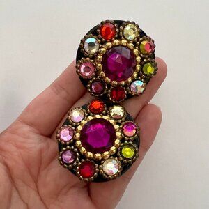 Vintage 80s Retro Style Multicolor Rhinestone Round Statement Clip On Earrings